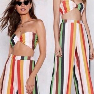 NASTY GAL Striped Bell Bottom Crop Top 70s Multicolor Rainbow Paint Matching Set